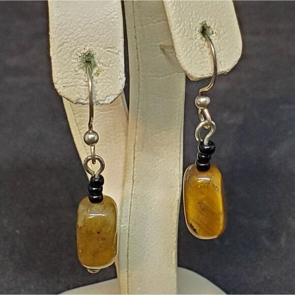 None Jewelry - Dangling Tiger's Eye Stone Earrings